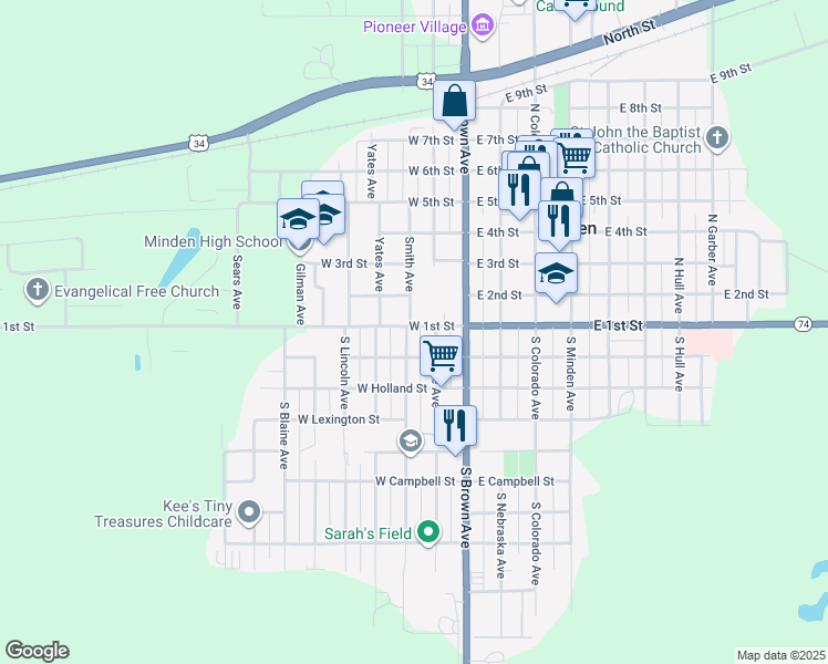 map of restaurants, bars, coffee shops, grocery stores, and more near 239 West 1st Street in Minden