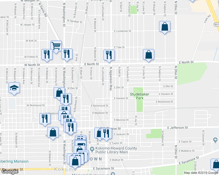 map of restaurants, bars, coffee shops, grocery stores, and more near 1047 North Apperson Way in Kokomo
