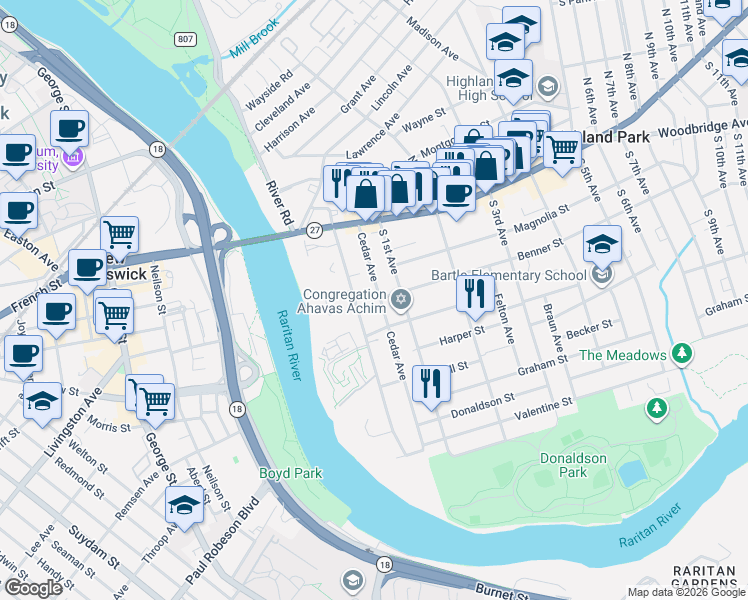 map of restaurants, bars, coffee shops, grocery stores, and more near 200 Cedar Avenue in Highland Park