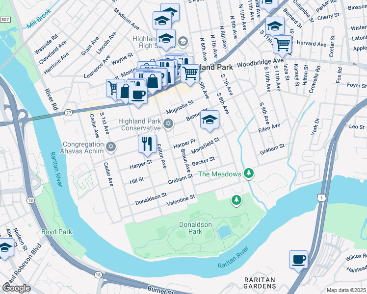 map of restaurants, bars, coffee shops, grocery stores, and more near 320 Harper Place in Highland Park