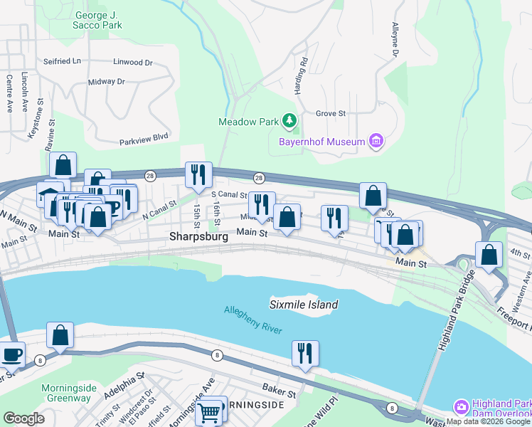 map of restaurants, bars, coffee shops, grocery stores, and more near 1722 Middle Street in Pittsburgh