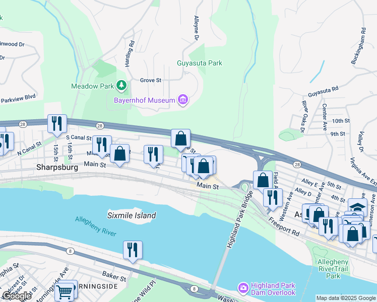map of restaurants, bars, coffee shops, grocery stores, and more near 2017 Noble Street in Sharpsburg