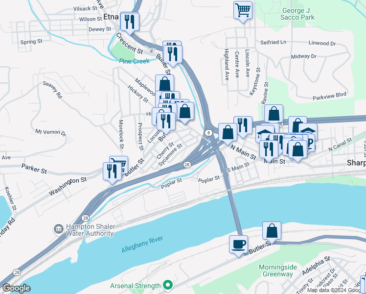 map of restaurants, bars, coffee shops, grocery stores, and more near 47 Sycamore Street in Etna