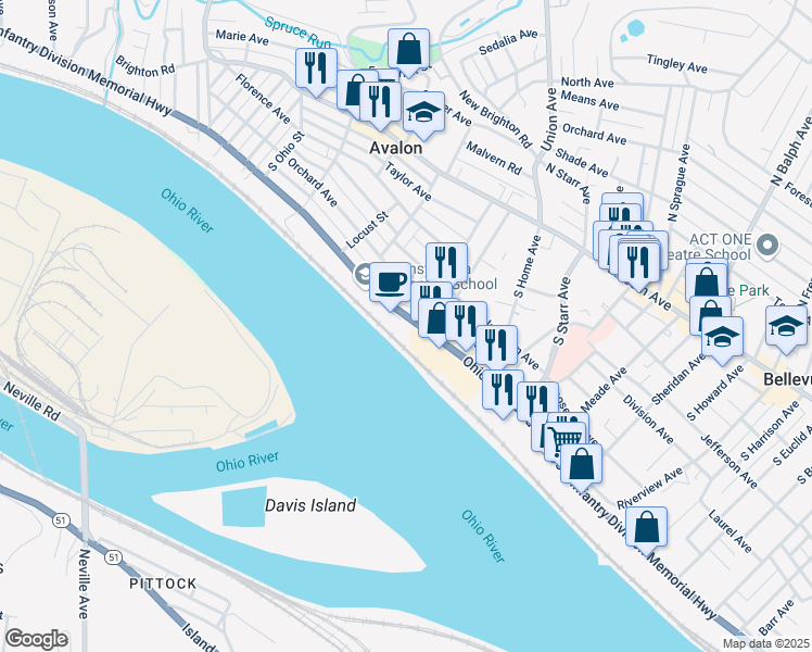 map of restaurants, bars, coffee shops, grocery stores, and more near 860 Ohio River Boulevard in Pittsburgh