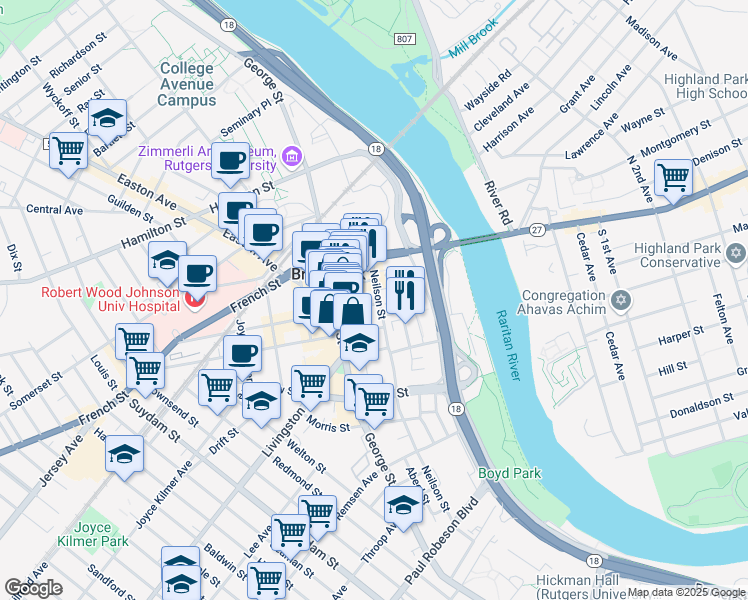 map of restaurants, bars, coffee shops, grocery stores, and more near 5 Paterson Street in New Brunswick