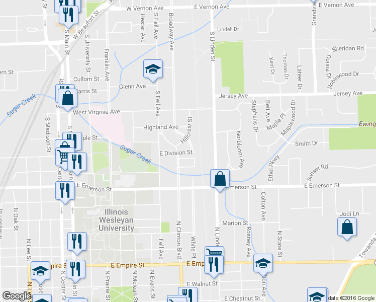 map of restaurants, bars, coffee shops, grocery stores, and more near 27 Broadway Place in Normal