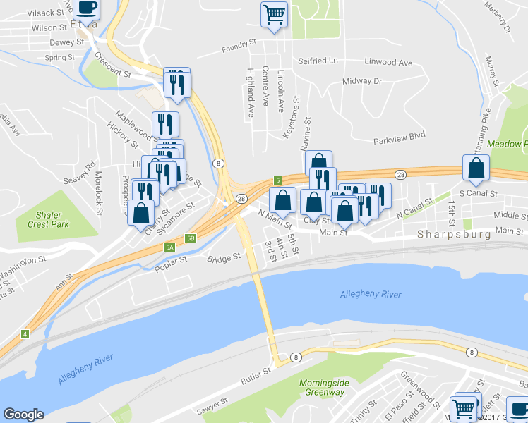 map of restaurants, bars, coffee shops, grocery stores, and more near 108a North Main Street in Sharpsburg