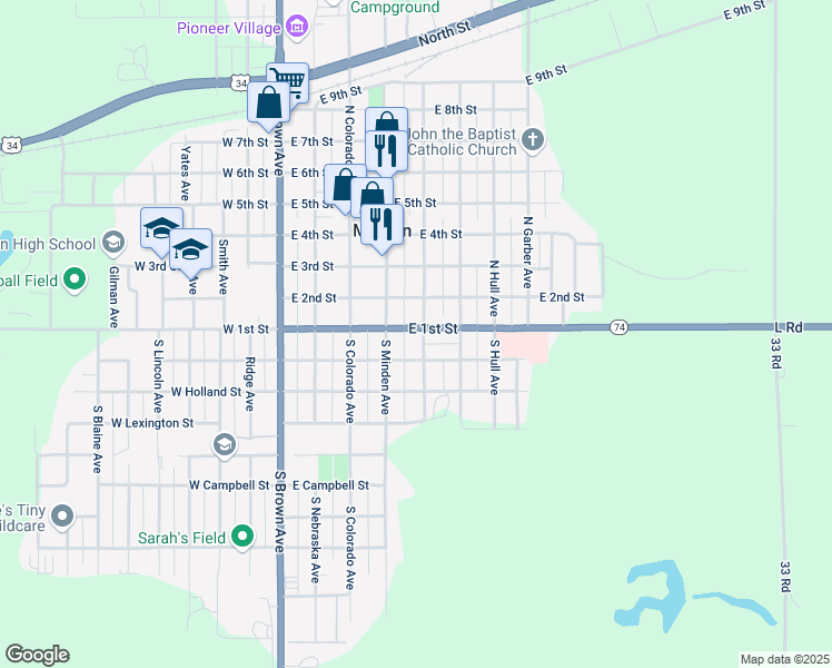 map of restaurants, bars, coffee shops, grocery stores, and more near 504 East 1st Street in Minden