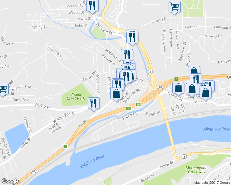 map of restaurants, bars, coffee shops, grocery stores, and more near 301 Butler Street in Pittsburgh