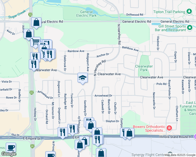 map of restaurants, bars, coffee shops, grocery stores, and more near 1309 North Hershey Road in Bloomington