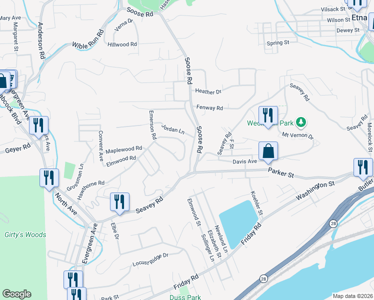 map of restaurants, bars, coffee shops, grocery stores, and more near 353 Hawthorne Road in Pittsburgh