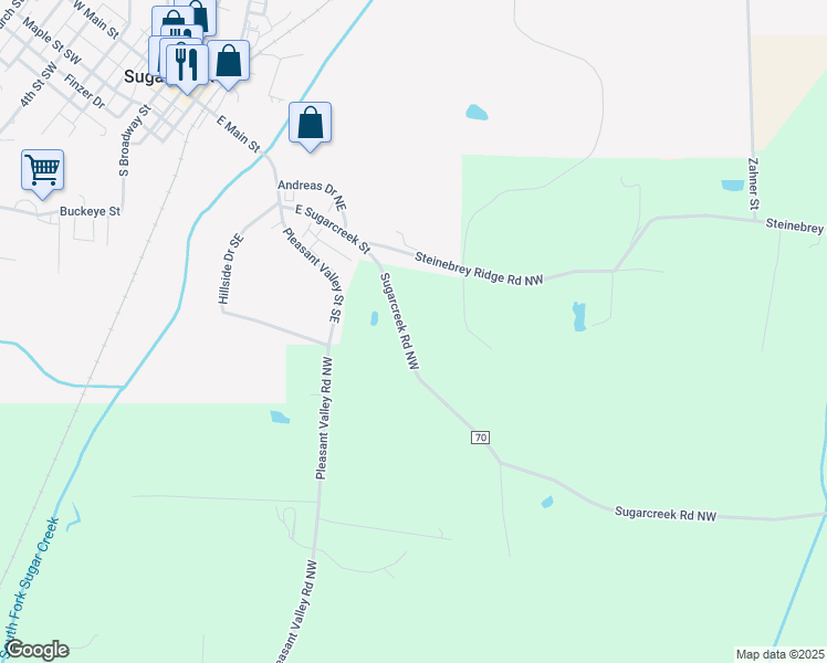map of restaurants, bars, coffee shops, grocery stores, and more near 9055 Sugarcreek Road Northwest in Sugarcreek