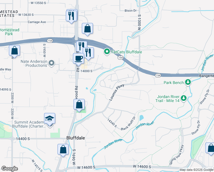 map of restaurants, bars, coffee shops, grocery stores, and more near 1522 West Napa Avenue in Bluffdale