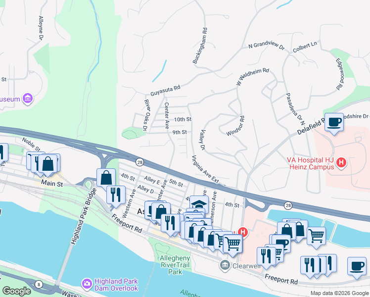 map of restaurants, bars, coffee shops, grocery stores, and more near 216 Locust Street in Aspinwall