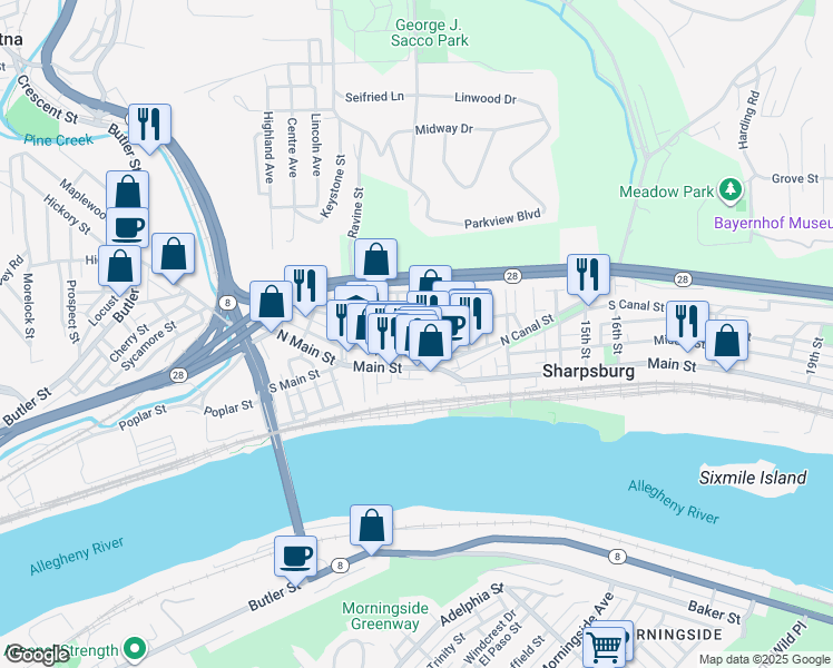 map of restaurants, bars, coffee shops, grocery stores, and more near 220 9th Street in Sharpsburg