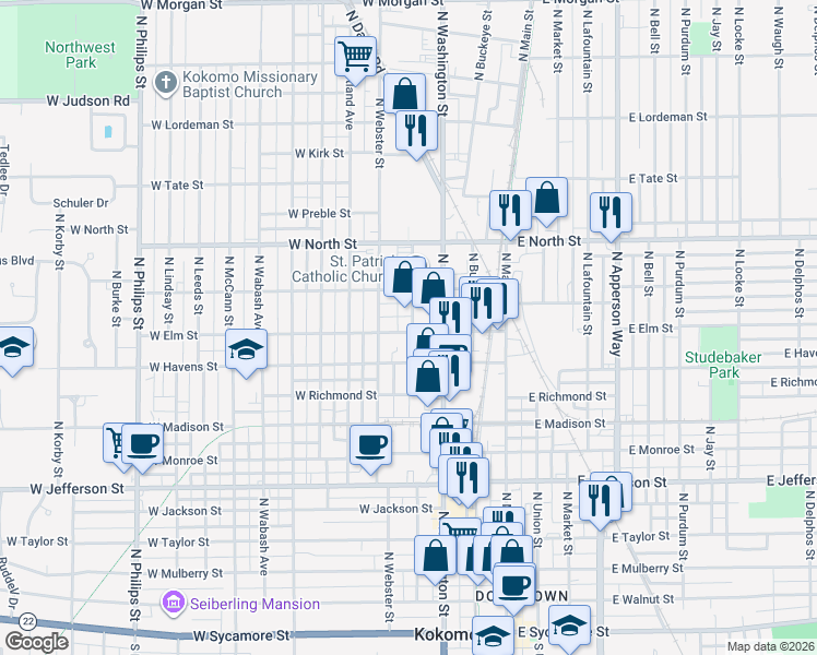 map of restaurants, bars, coffee shops, grocery stores, and more near 1101 North Washington Street in Kokomo