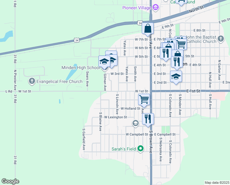map of restaurants, bars, coffee shops, grocery stores, and more near 101-199 South Lincoln Avenue in Minden