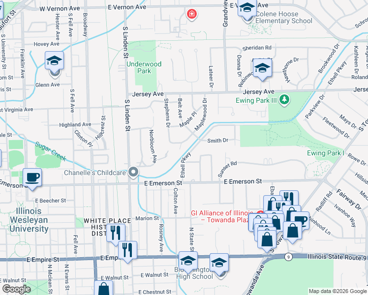 map of restaurants, bars, coffee shops, grocery stores, and more near 5 Boone Court in Normal