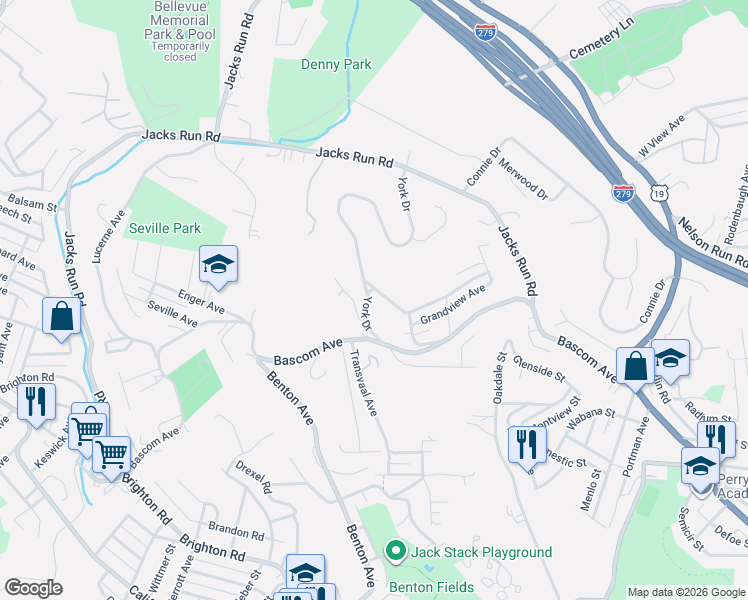 map of restaurants, bars, coffee shops, grocery stores, and more near 15 Penn Drive in Pittsburgh