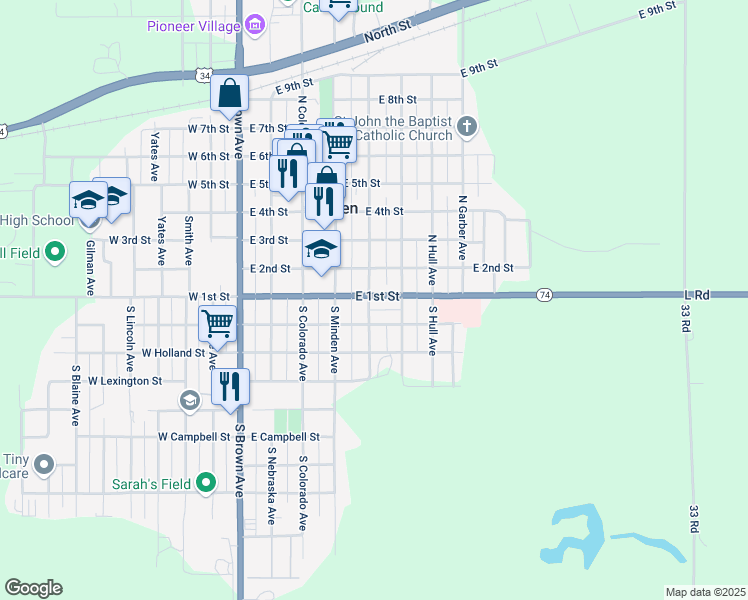 map of restaurants, bars, coffee shops, grocery stores, and more near 504 East 1st Street in Minden