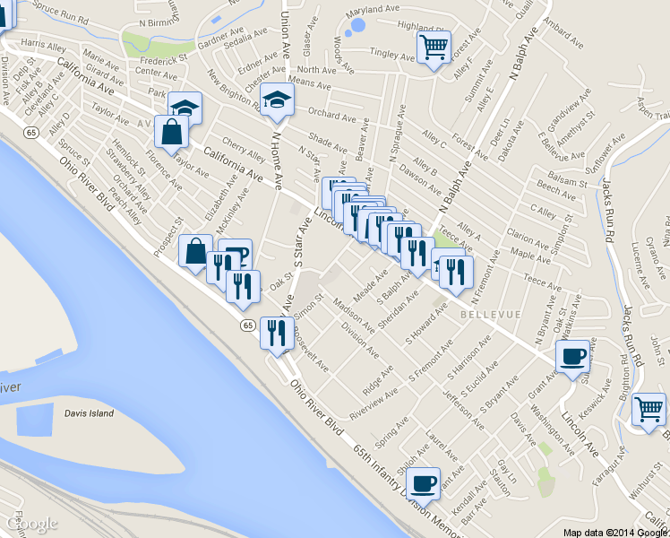 map of restaurants, bars, coffee shops, grocery stores, and more near 49 South Jackson Avenue in Pittsburgh