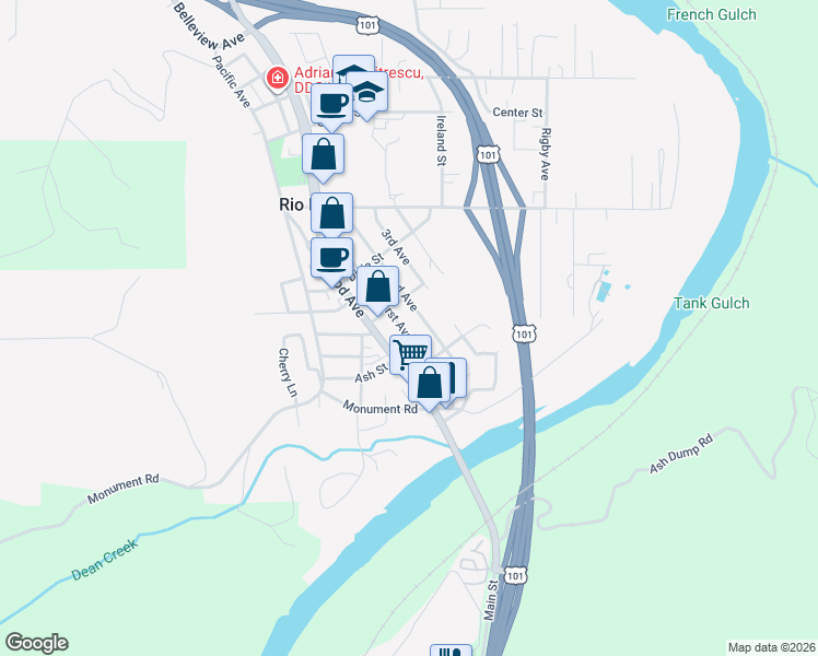 map of restaurants, bars, coffee shops, grocery stores, and more near 314 1st Avenue in Rio Dell