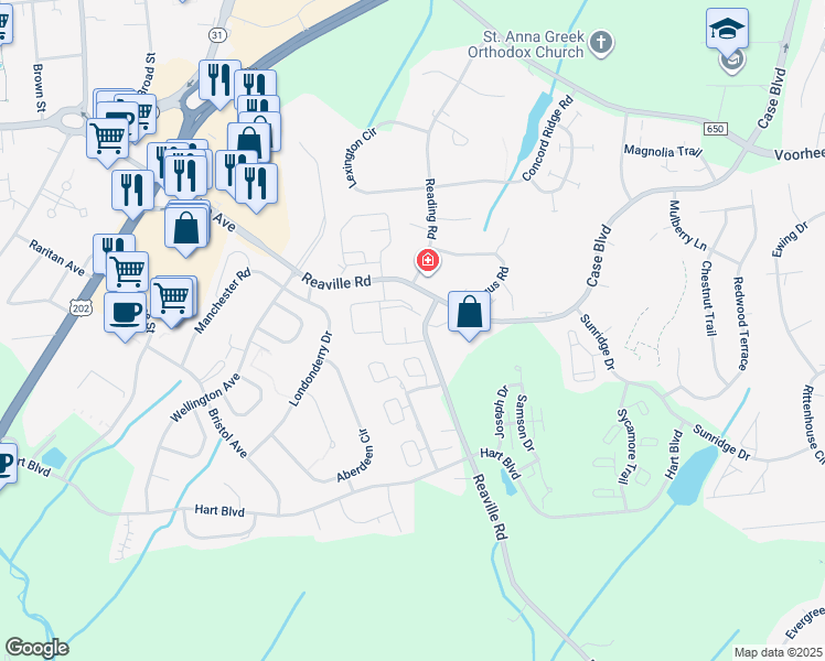 map of restaurants, bars, coffee shops, grocery stores, and more near 1202 Southard Court in Flemington