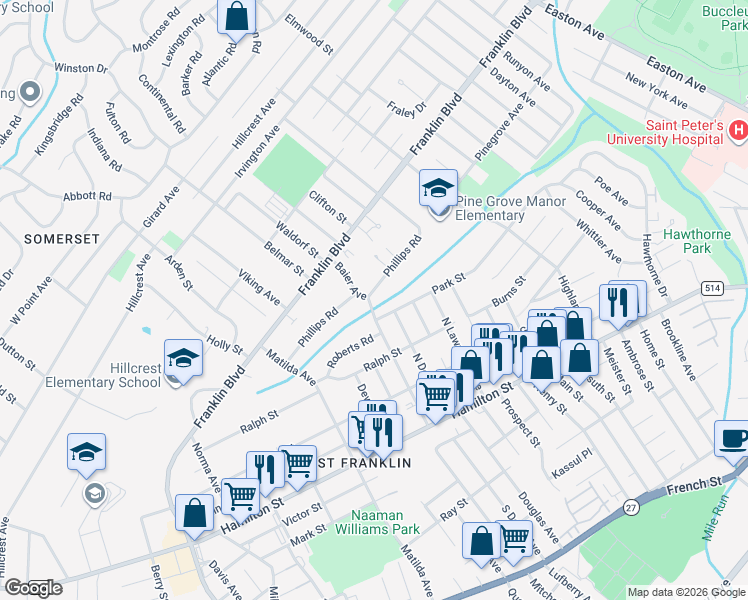 map of restaurants, bars, coffee shops, grocery stores, and more near 123 Baier Avenue in Franklin Township