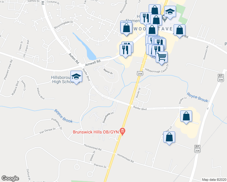 map of restaurants, bars, coffee shops, grocery stores, and more near 19 Chetwood Court in Somerset County