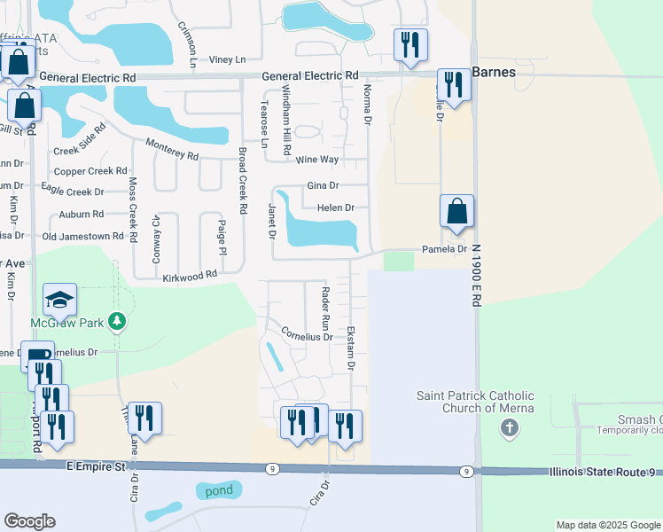 map of restaurants, bars, coffee shops, grocery stores, and more near 3621 Pamela Drive in Bloomington
