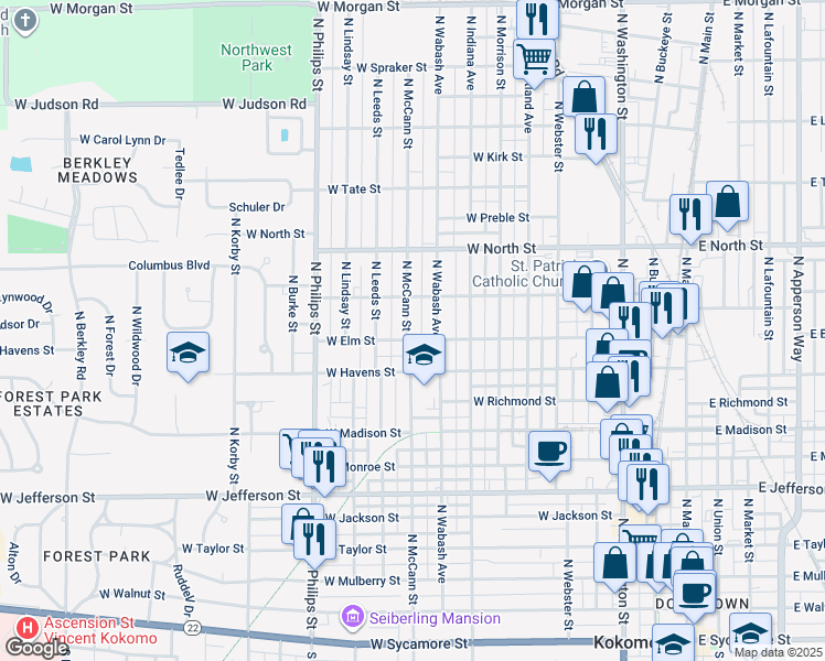 map of restaurants, bars, coffee shops, grocery stores, and more near 1106 North McCann Street in Kokomo