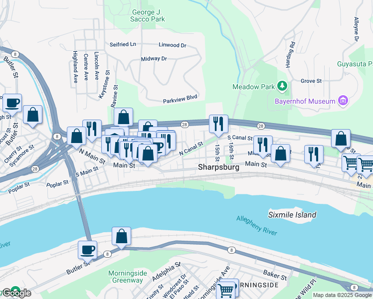 map of restaurants, bars, coffee shops, grocery stores, and more near 1306 North Canal Street in Pittsburgh