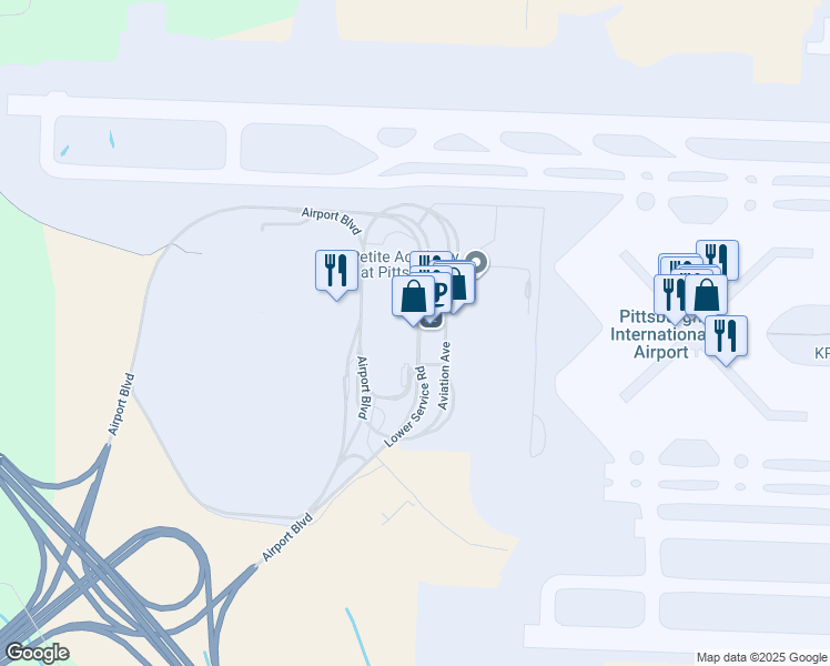 map of restaurants, bars, coffee shops, grocery stores, and more near 1000 Airport Boulevard in Coraopolis