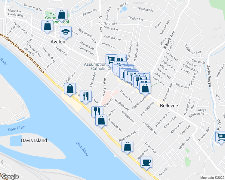 map of restaurants, bars, coffee shops, grocery stores, and more near 60 South Jackson Avenue in Pittsburgh