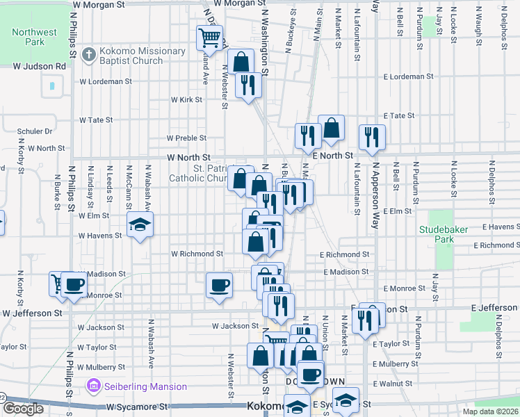 map of restaurants, bars, coffee shops, grocery stores, and more near 1101 North Washington Street in Kokomo