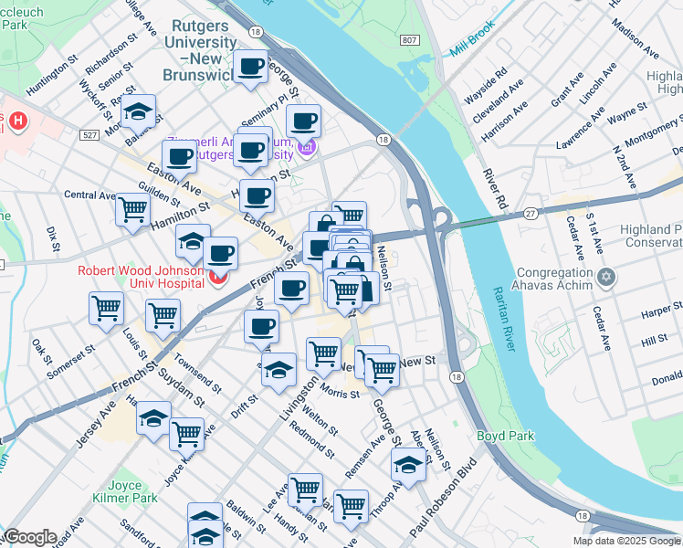 map of restaurants, bars, coffee shops, grocery stores, and more near 375c George Street in New Brunswick