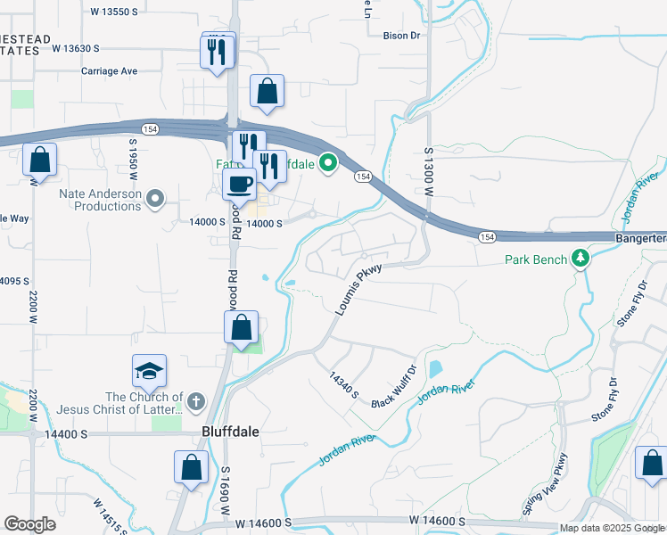 map of restaurants, bars, coffee shops, grocery stores, and more near 14074 South Julien Cove in Riverton