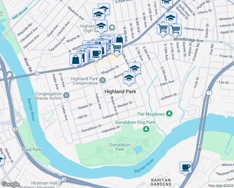 map of restaurants, bars, coffee shops, grocery stores, and more near 330 Harper Place in Highland Park