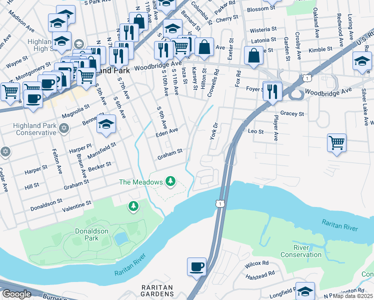 map of restaurants, bars, coffee shops, grocery stores, and more near 350 Crowells Road in Highland Park