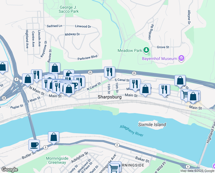 map of restaurants, bars, coffee shops, grocery stores, and more near 214 14th Street in Pittsburgh