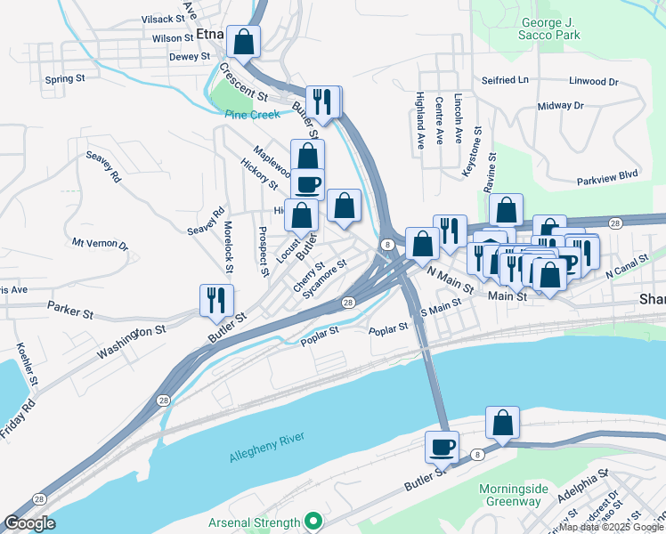 map of restaurants, bars, coffee shops, grocery stores, and more near 47 Sycamore Street in Etna