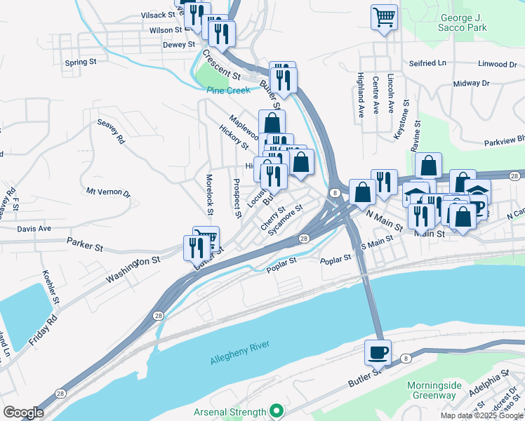 map of restaurants, bars, coffee shops, grocery stores, and more near 301 Butler Street in Pittsburgh