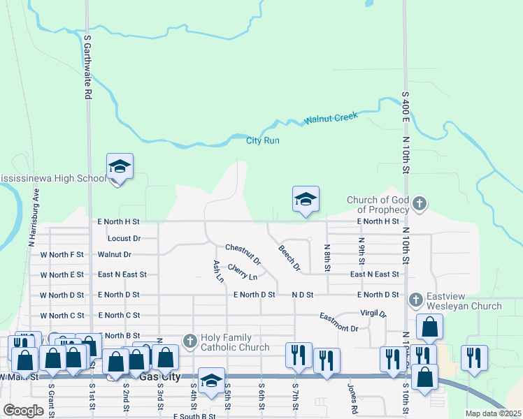 map of restaurants, bars, coffee shops, grocery stores, and more near 627 East North H Street in Gas City