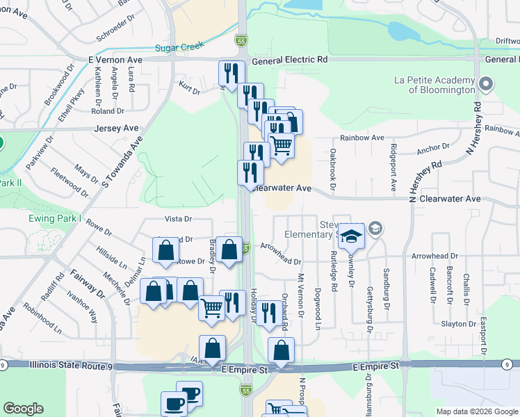 map of restaurants, bars, coffee shops, grocery stores, and more near 1316 Pinehurst Drive in Bloomington