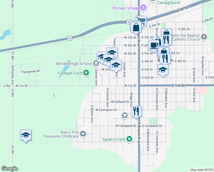 map of restaurants, bars, coffee shops, grocery stores, and more near 101-199 South Lincoln Avenue in Minden