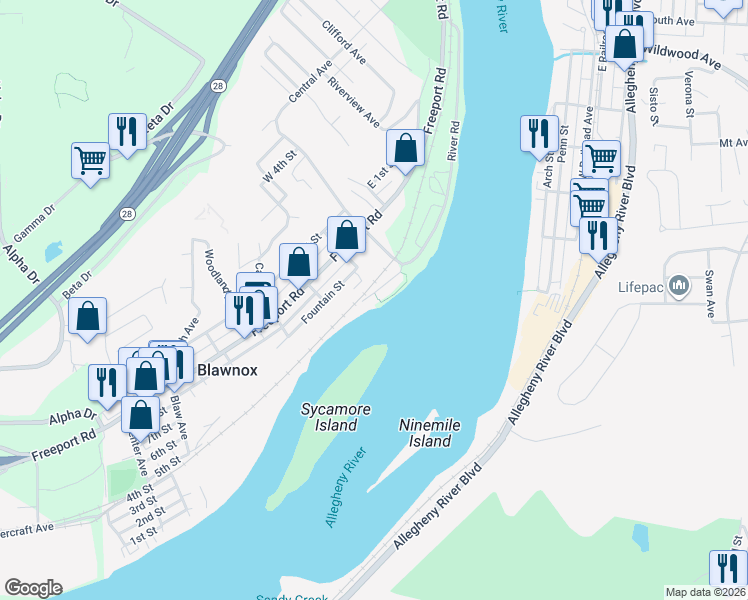 map of restaurants, bars, coffee shops, grocery stores, and more near 118 Saint Charles Court in Pittsburgh