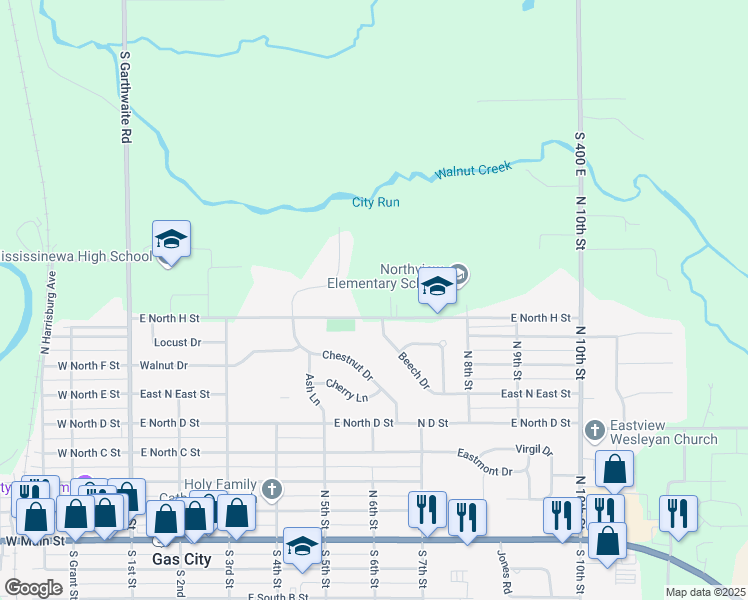 map of restaurants, bars, coffee shops, grocery stores, and more near 627 East North H Street in Gas City