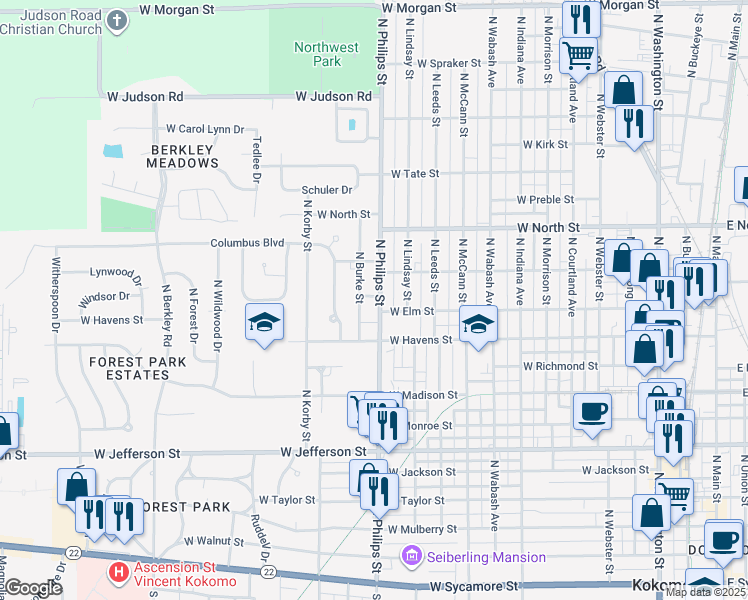 map of restaurants, bars, coffee shops, grocery stores, and more near 1030 North Burke Street in Kokomo