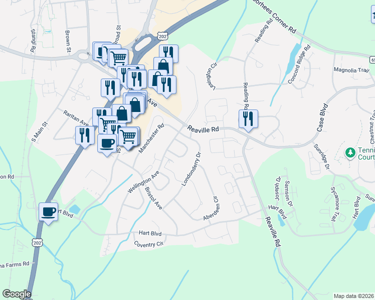 map of restaurants, bars, coffee shops, grocery stores, and more near 72 Chelsea Circle in Flemington