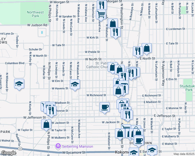 map of restaurants, bars, coffee shops, grocery stores, and more near 1109 North Courtland Avenue in Kokomo